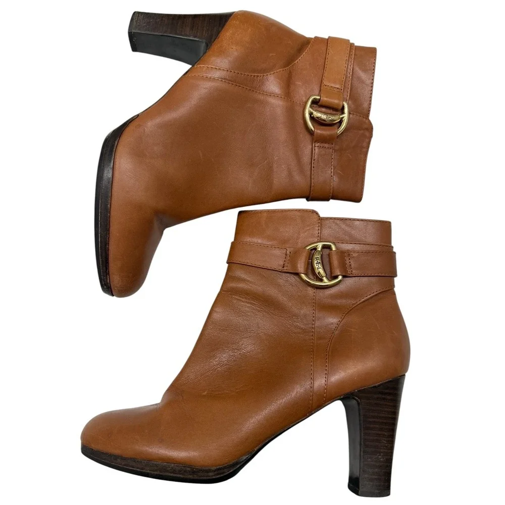Lauren Ralph Lauren Tan Leather Ankle Boots Womens Size 9 Stirrup Buckle Heel - Picture 5 of 15